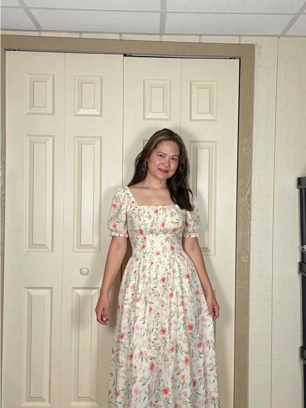 Cream Floral Square-Neck Maxi Dress with Puff Sleeves